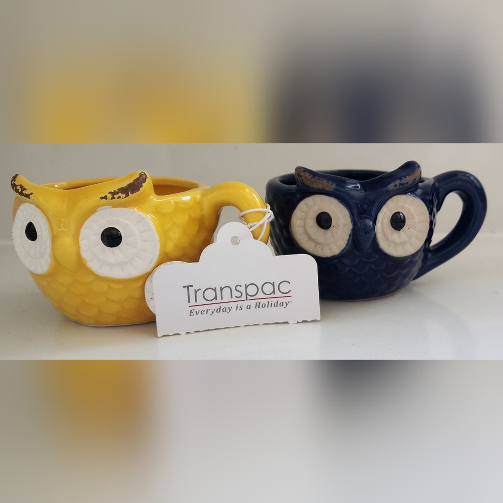 Transpac Yellow Blue‎ Owl Mugs 6 Oz Capacity Set Of Two New With Tag